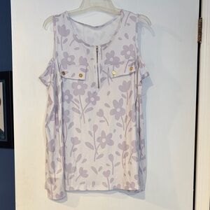 White and Lavender Floral Open Shoulder 1/4 Zip Long Sleeve Top